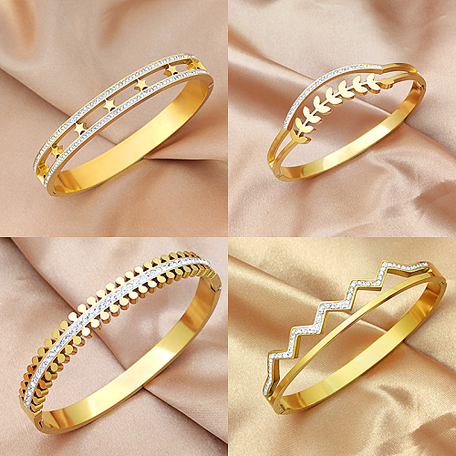 Wholesale Simple Style Classic Style Leaf Star Stainless Steel Plating Inlay 18K Gold Plated Zircon Bangle