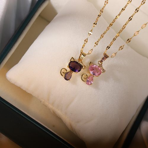 Cute Cat Stainless Steel Inlay Zircon Necklace 1 Piece