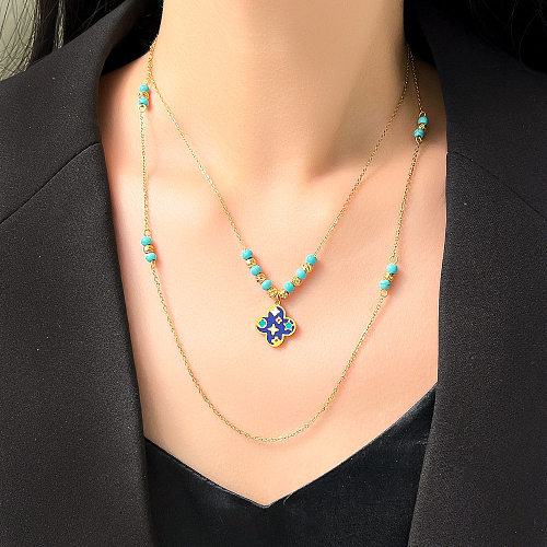 Vintage Style Four Leaf Clover Turquoise Stainless Steel Enamel Plating 18K Gold Plated Layered Necklaces