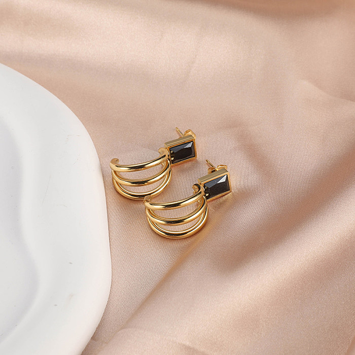1 Paar elegante Retro-Ohrringe in C-Form mit quadratischer Beschichtung und Inlay aus Edelstahl mit Zirkon und 18-Karat-Vergoldung