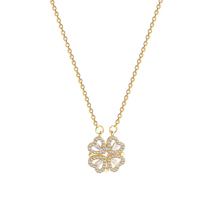 Fashion Four Leaf Clover Stainless Steel Inlay Zircon Pendant Necklace