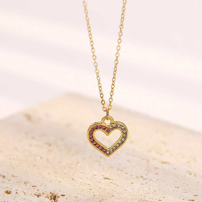 Simple Style Heart Shape Stainless Steel  Plating Inlay Rhinestones Gold Plated Pendant Necklace