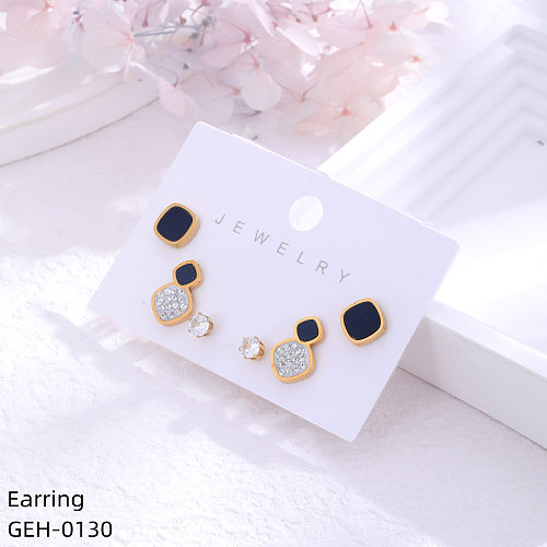 3 Pairs Retro Simple Style Letter Square Plating Inlay Stainless Steel  Rhinestones Gold Plated Ear Studs