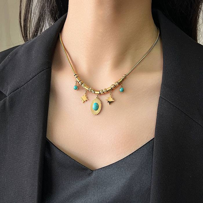 Fashion Round Stainless Steel Plating Inlay Turquoise Pendant Necklace 1 Piece