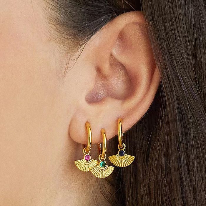 French New Retro Round Green Zircon Fan-Shaped Eardrops Earrings 14K Gold Stainless Steel  Ear Ring Women 'S Earrings