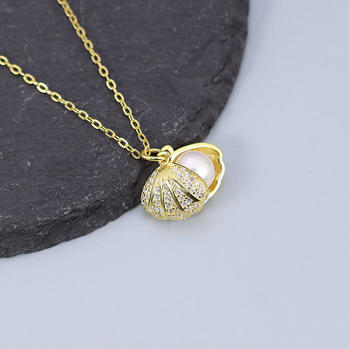 Vacation Shell Stainless Steel  Inlay Artificial Diamond Shell Pendant Necklace