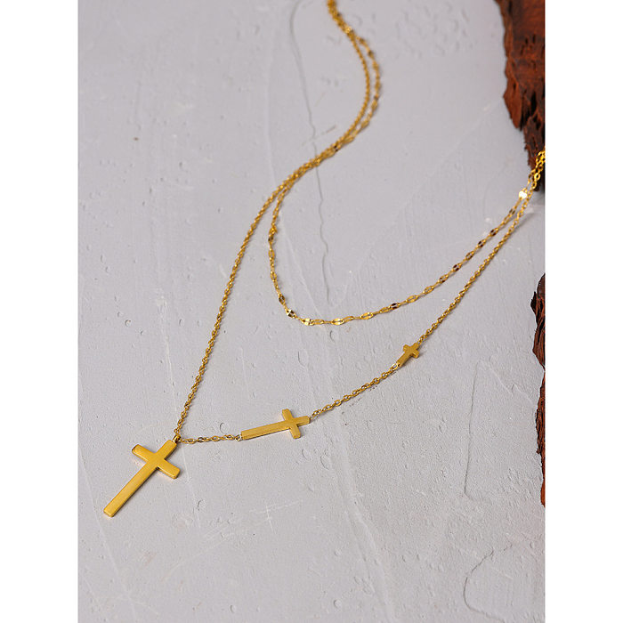 Colliers Multicouches avec Croix de Mode en Acier Inoxydable Plaqué 1 Pièce