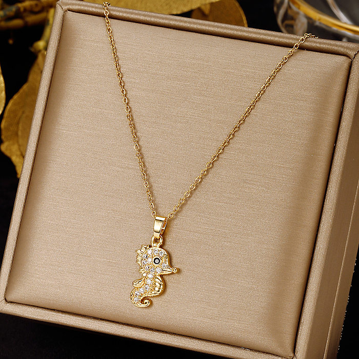 Elegant Simple Style Leaf Four Leaf Clover Insect Stainless Steel  Plating Inlay Zircon Pendant Necklace