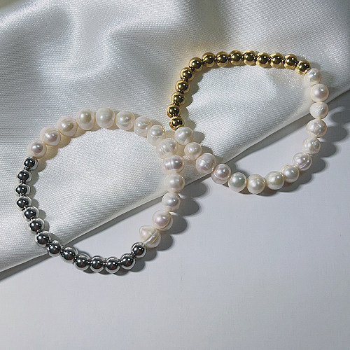 Elegant Color Block Stainless Steel Freshwater Pearl Bracelets In Bulk