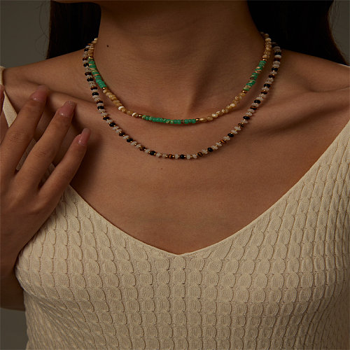 Lässiger schlichter Stil, runde Halskette aus Edelstahl, Naturstein, Edelstahl, Perlenbeschichtung, vergoldet