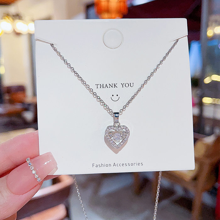 Collier pendentif en diamant artificiel avec incrustation de placage en acier inoxydable en forme de cœur de style simple