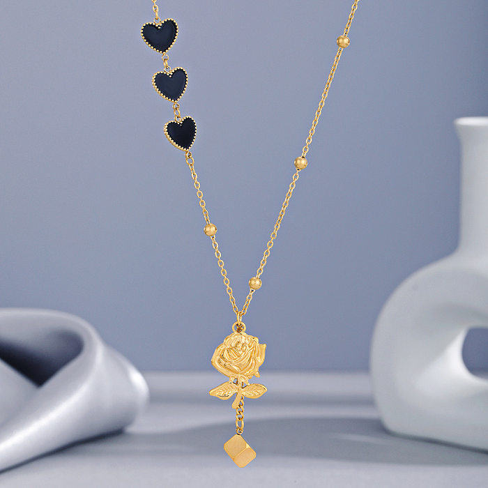 Fashion Heart Shape Flower Stainless Steel  Enamel Gold Plated Pendant Necklace 1 Piece