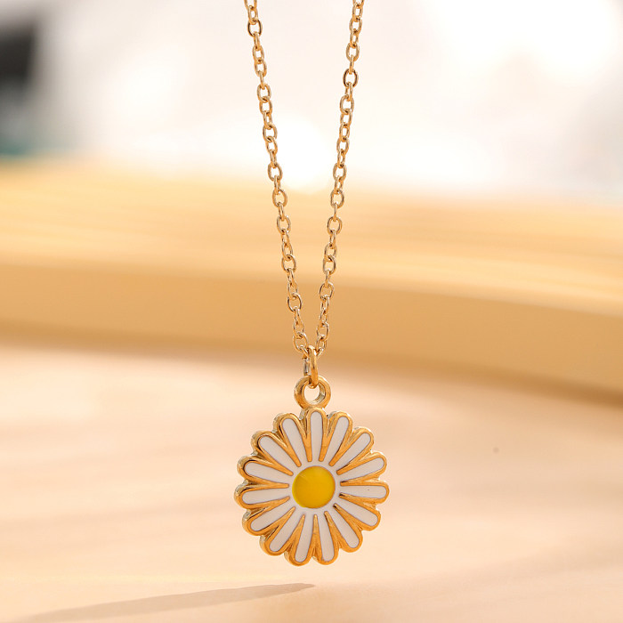 Retro Pastoral Daisy Stainless Steel Enamel Plating Gold Plated Pendant Necklace