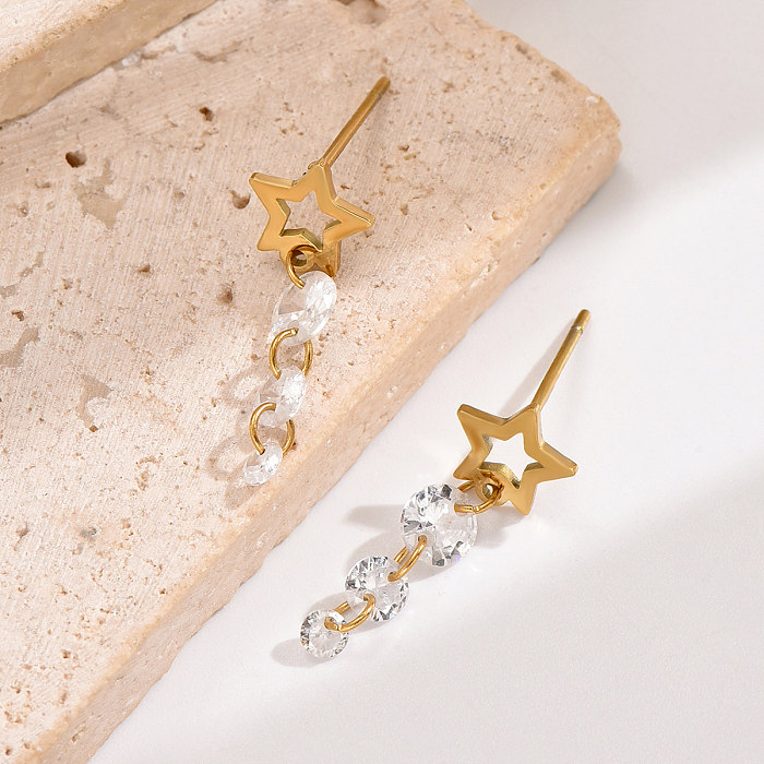 1 Paar schlichte Stern-Ohrringe aus Edelstahl mit Zirkonbeschichtung und 14-Karat-Vergoldung
