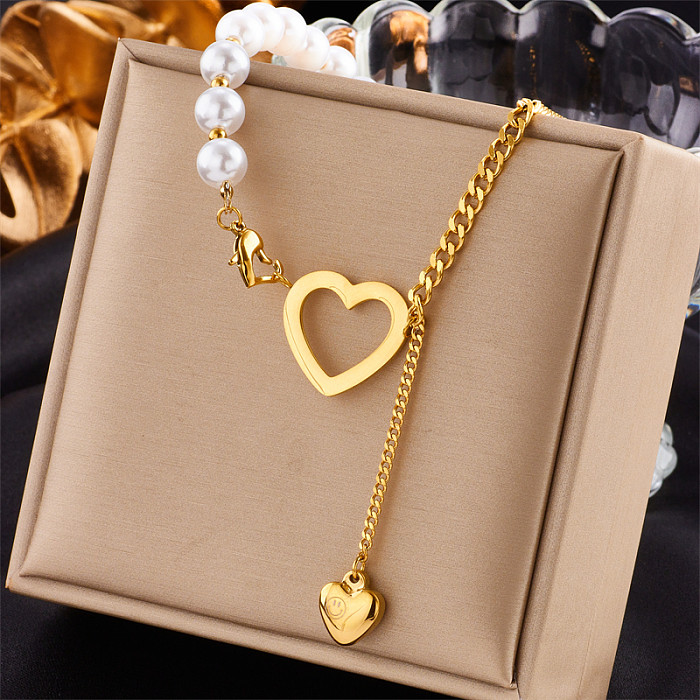 Fashion Heart Shape Stainless Steel Pearl Pendant Necklace 1 Piece
