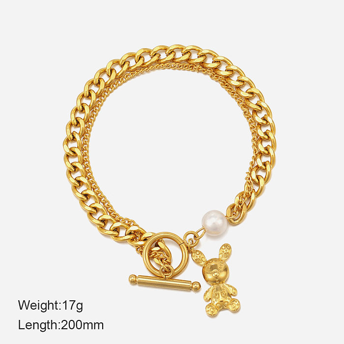 Cute Bear Stainless Steel Gold Plated Artificial Pearls Bracelets