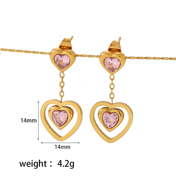 1 paire de boucles d'oreilles pendantes en forme de cœur, Style Simple et doux, incrustation de placage époxy en acier inoxydable et Zircon plaqué or 18 carats