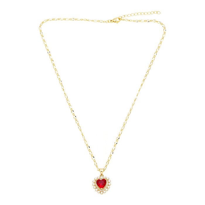 Casual Simple Style Heart Shape Stainless Steel  Copper Plating Inlay Pearl Zircon 18K Gold Plated Pendant Necklace Long Necklace
