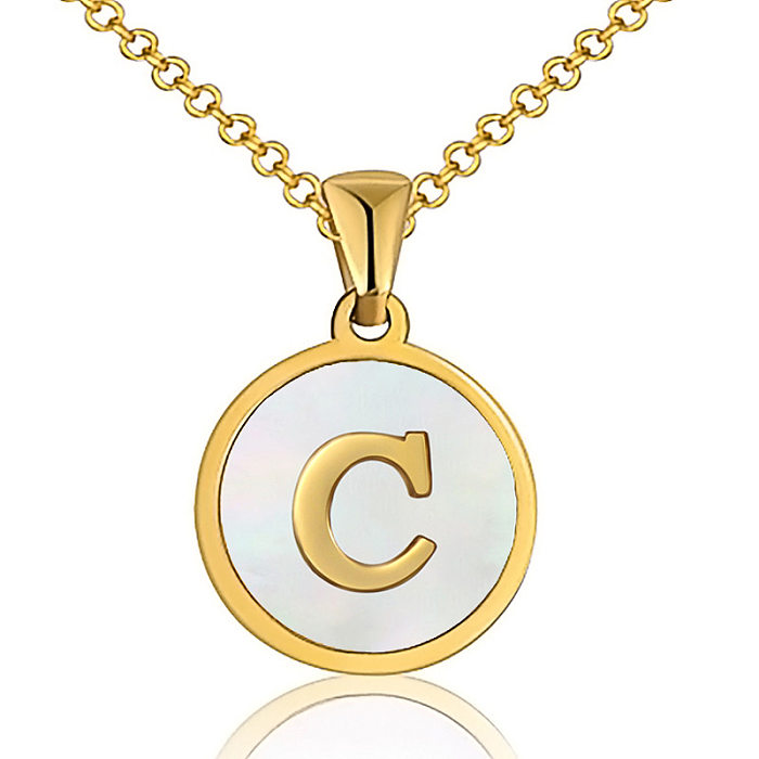 Collier avec pendentif en forme de coquille incrustée d'acier inoxydable, lettre ronde à la mode