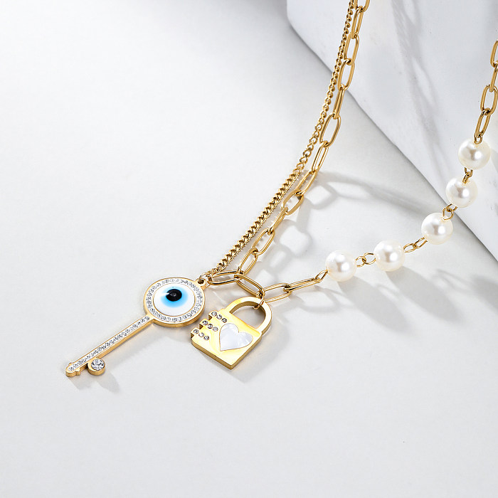 Modern Style Shiny Key Lock Stainless Steel  Plastic Plating Inlay Zircon 18K Gold Plated Pendant Necklace