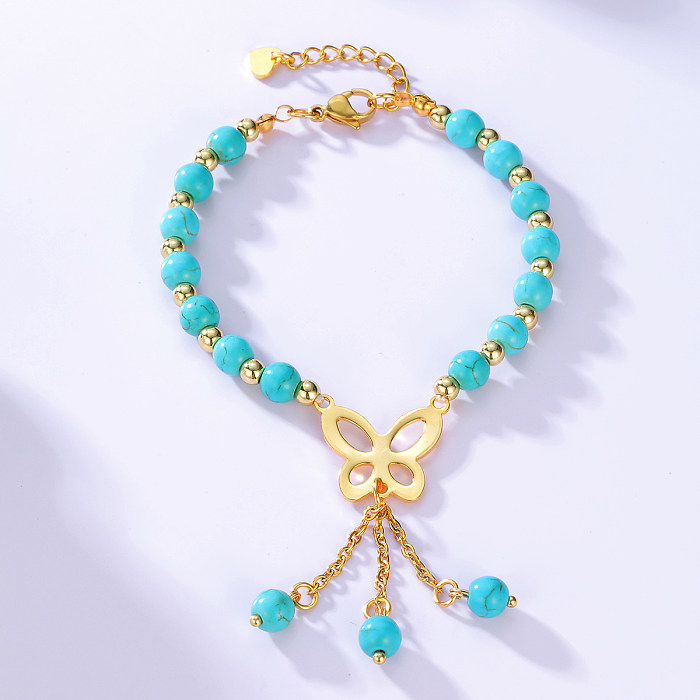 Fashion Simple Steel Electroplated 18K Golden Butterfly Hollow Pendant Turquoise Bracelet