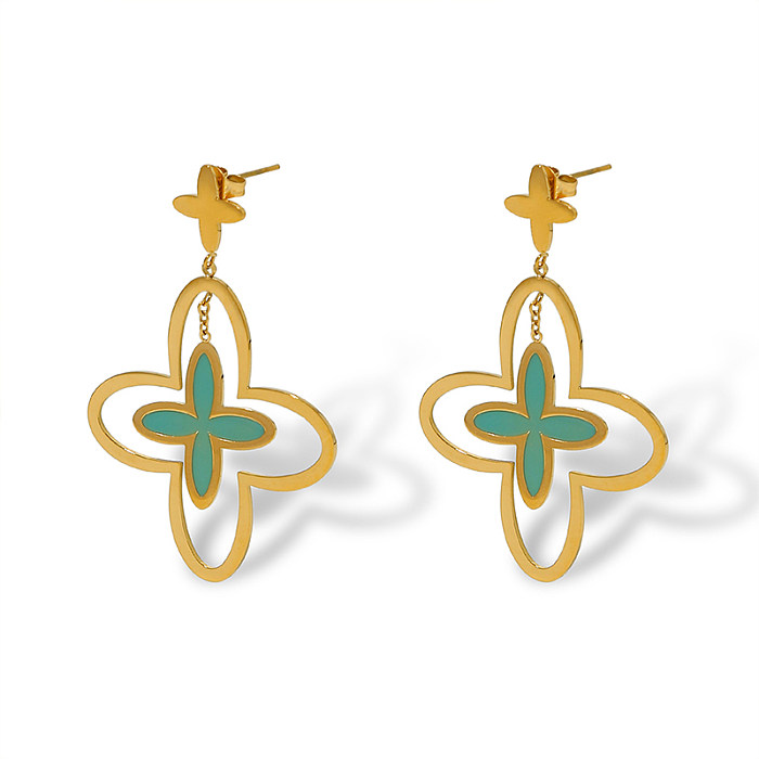 Wholesale 1 Pair Fashion Four Leaf Clover Stainless Steel 18K Gold Plated Drop Earrings