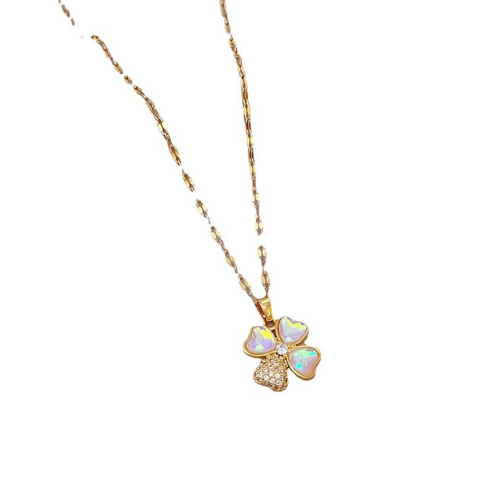 Fashion Four Leaf Clover Stainless Steel Copper Plating Inlay Rhinestones Pendant Necklace