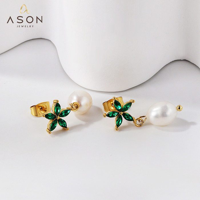 Boucles d'oreilles élégantes en acier inoxydable, 1 paire, incrustation de fleur de feuille de trajet, Imitation de perle, Zircon