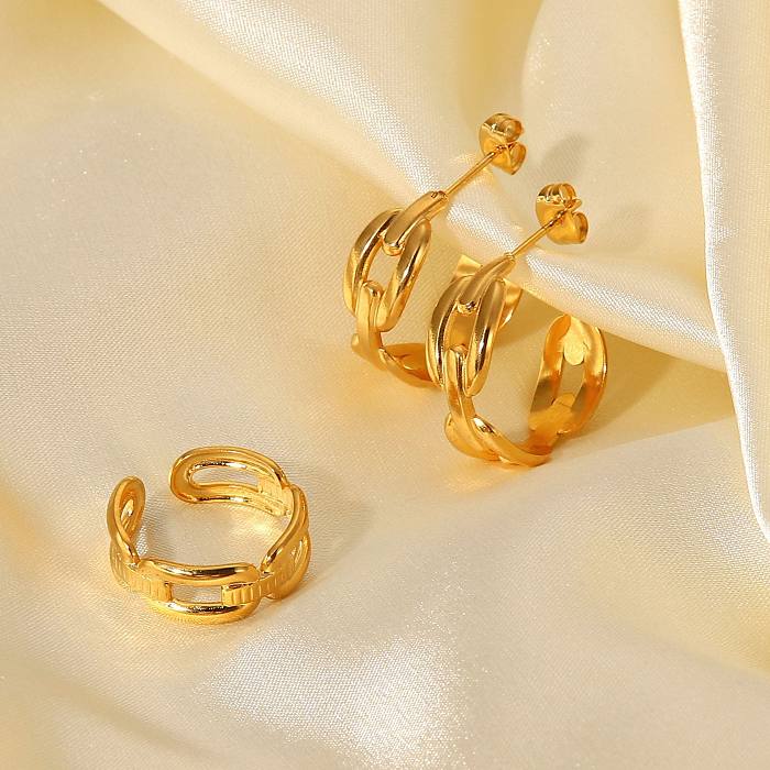 18K Gold Stainless Steel  Coffee Bean Buckle Chain C-Type Earrings Open Ring