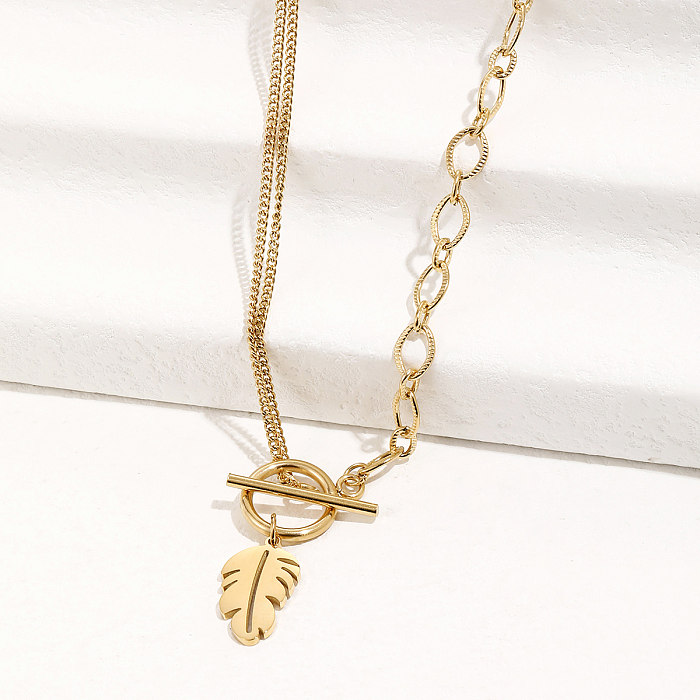 Stainless Steel Fashion Stitching Chain Leaf Pendant OT Buckle Necklace