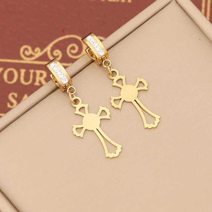 1 Piece Retro Simple Style Cross Stainless Steel  Inlay Zircon Drop Earrings