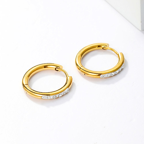 Wholesale 1 Pair Cool Style Circle Stainless Steel  18K Gold Plated Rhinestones Hoop Earrings