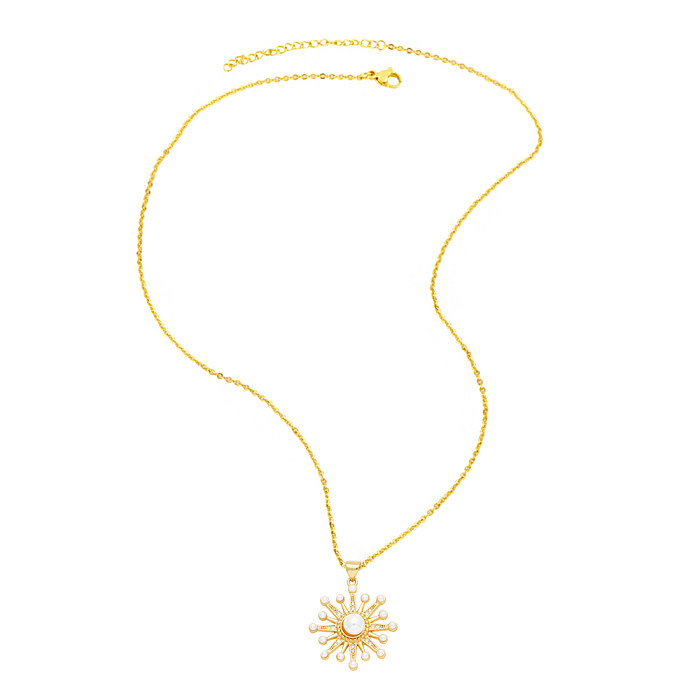 Collier pendentif en acier inoxydable, fleur de lune de Style moderne, placage de cuivre, incrustation de perles en Zircon plaqué or 18 carats