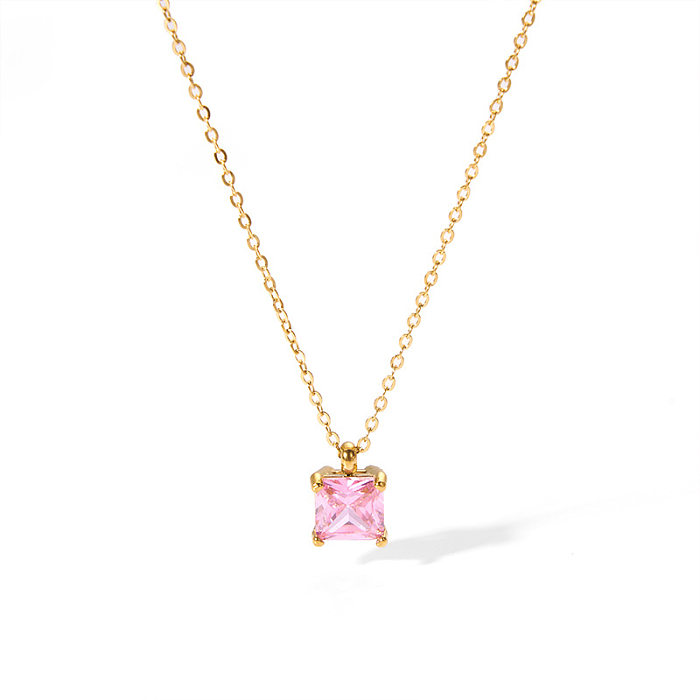 Preppy Style Square Stainless Steel  Plating Inlay Zircon 18K Gold Plated Pendant Necklace