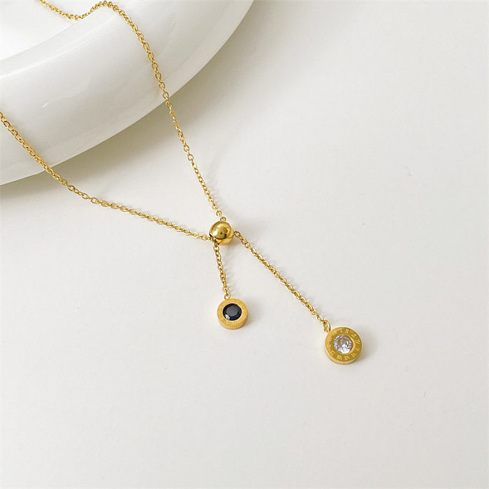 INS Style Round Stainless Steel Inlay Zircon 18K Gold Plated Pendant Necklace