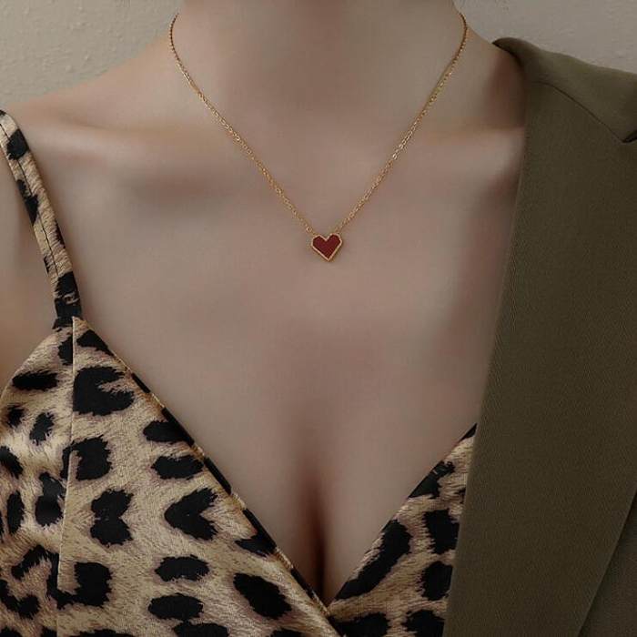 L165 entrada francesa lux coração vermelho esmalte clavícula corrente colar de aço inoxidável 18k ouro vintage em forma de coração colar de clavícula