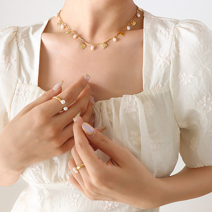 Damenmode-Blatt-Edelstahl-Choker-Beschichtung-Perlen-Edelstahl-Halsketten