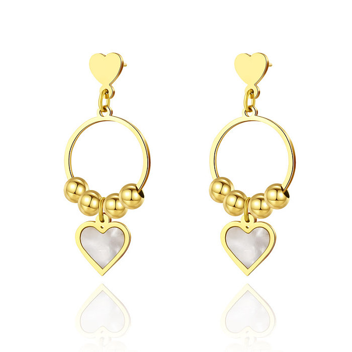 Retro Heart Shape Stainless Steel Plating Inlay Shell Drop Earrings 1 Pair