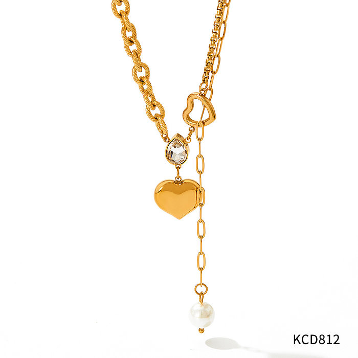 Collar retro con forma de corazón de acero inoxidable con incrustaciones de perlas y circón, 1 pieza