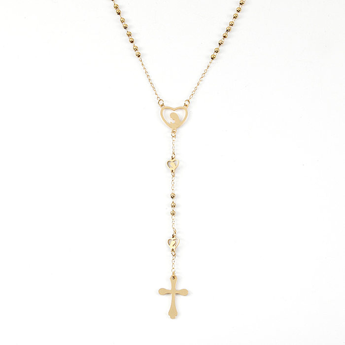 Collier pendentif en acier inoxydable avec croix de style ethnique et placage de perles