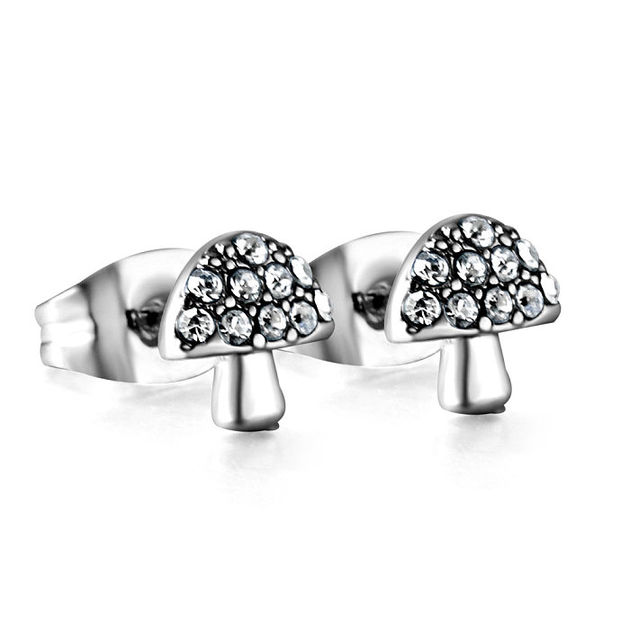 1 Pair Retro Streetwear Heart Shape Mushroom Fish Bone Plating Inlay Stainless Steel  Zircon Ear Studs