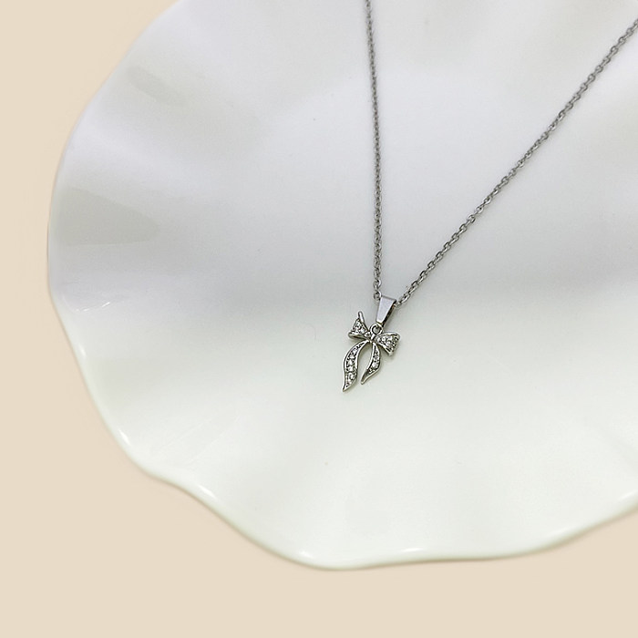Casual Elegant Simple Style Heart Shape Butterfly Stainless Steel  Epoxy Plating Inlay Rhinestones Zircon White Gold Plated Gold Plated Pendant Necklace