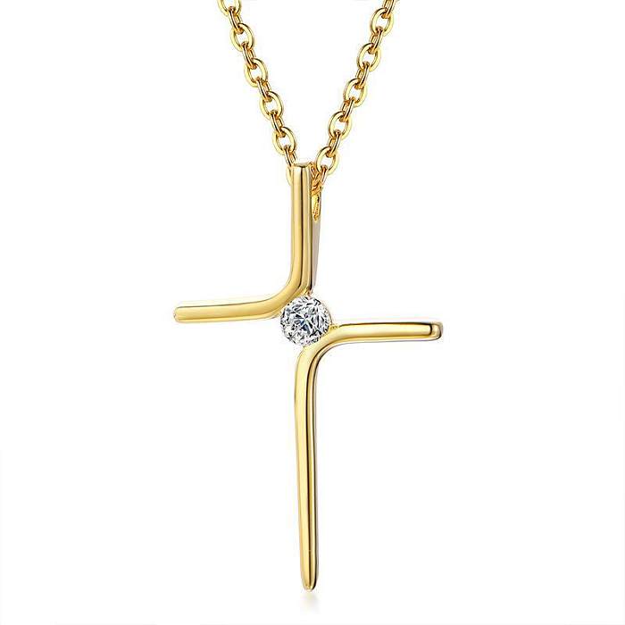 Simple Style Cross Stainless Steel Plating Zircon Pendant Necklace
