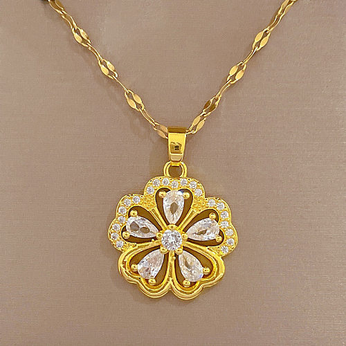Retro Flower Stainless Steel Copper Inlay Rhinestones Pendant Necklace