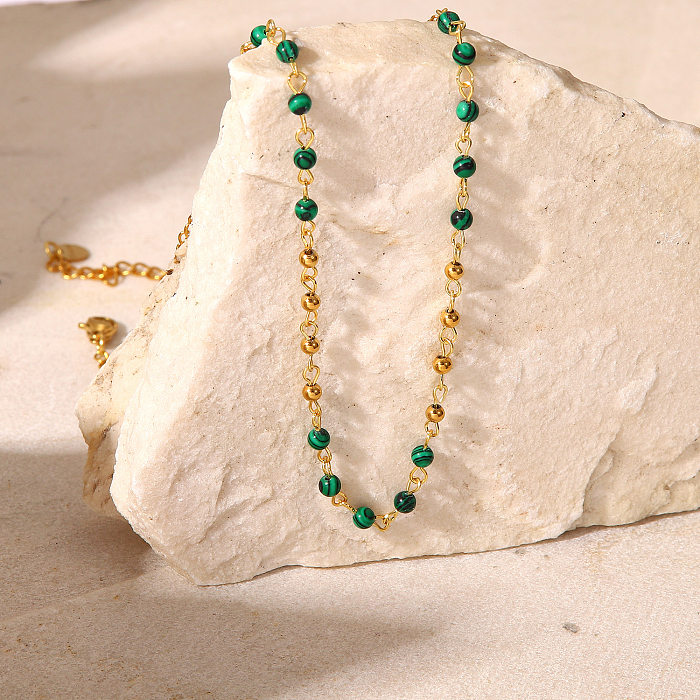 Fashion 18K Gold Stainless Steel   Green Peacock Stone Beads Necklace Women