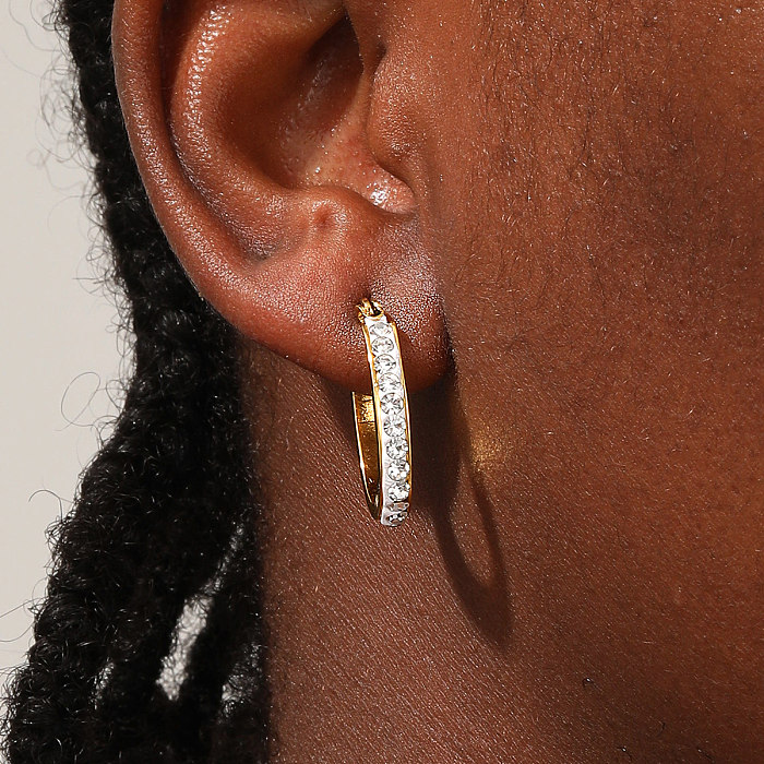 1 paire de boucles d'oreilles rondes en acier inoxydable avec incrustation de strass