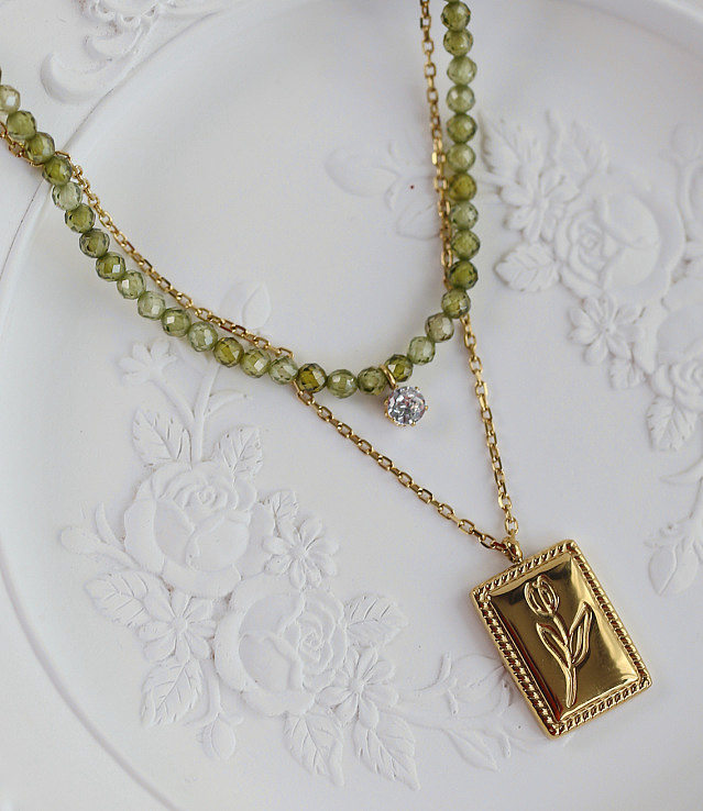 Schlichter Stil, runde Perlen-Edelstahl-Beschichtung, Intarsien, Zirkon, 18 Karat vergoldete Halskette