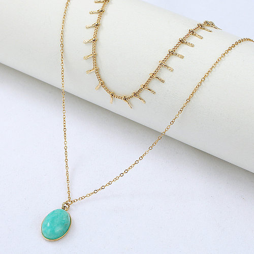 Turquoise Oval Pendant Stainless Steel  Double-layer Bohemian Style Necklace Wholesale jewelry