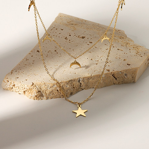 Cross-Border New Arrival Star And Moon Pendant Double-Layer Stainless Steel  Gold-Plated Necklace