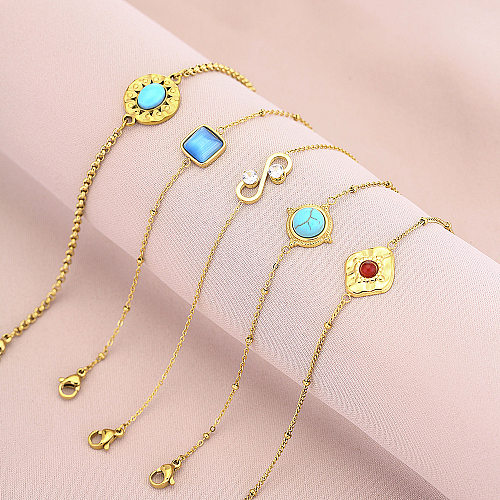 Casual Vintage Style Round Square Titanium Steel Plating Inlay Turquoise Zircon 18K Gold Plated Bracelets